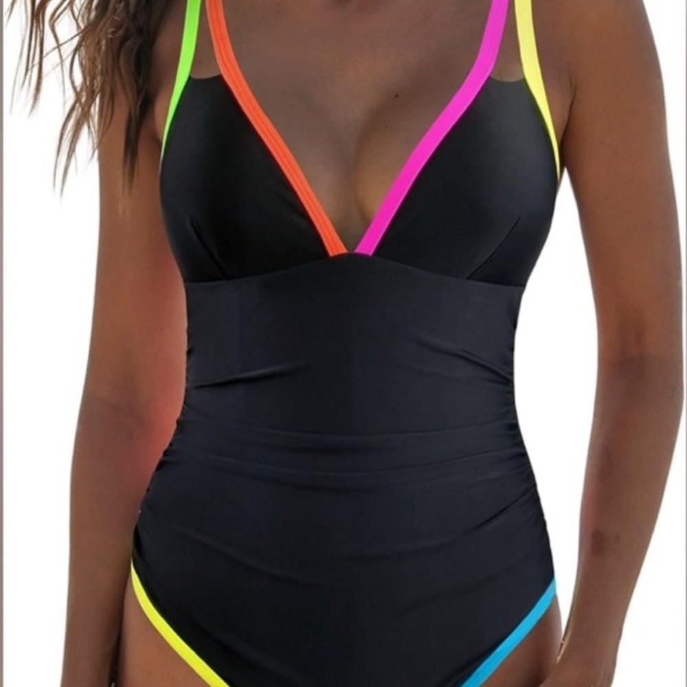 Popvil Black Waist Control One-piece with Neon Accents- Small